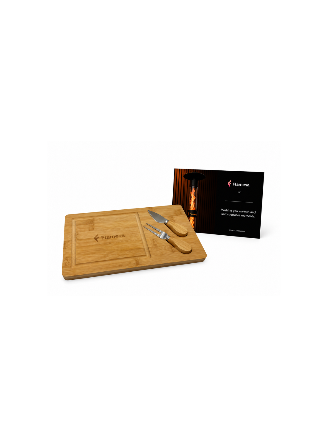 Confezione regalo Flamesa con tagliere per formaggi e messaggio personalizzato Flamesa.it